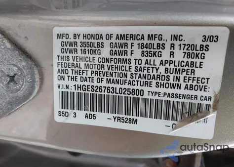 2003 Honda Civic Ex from USA, damaged, VIN 1HGES26763L025800